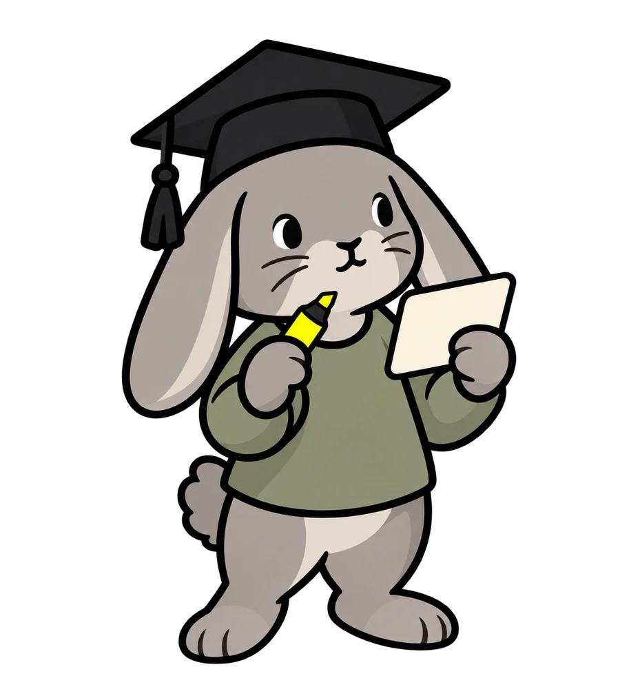 Cani the rabbit holding a highlighter and a flashcard