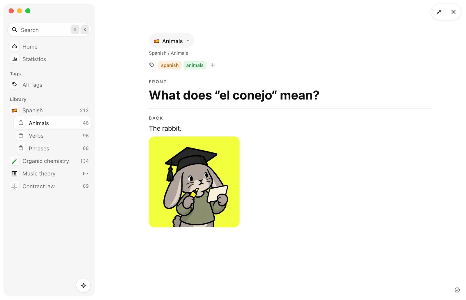 The Cani card editor with a Spanish card and a picture of Cani the rabbit