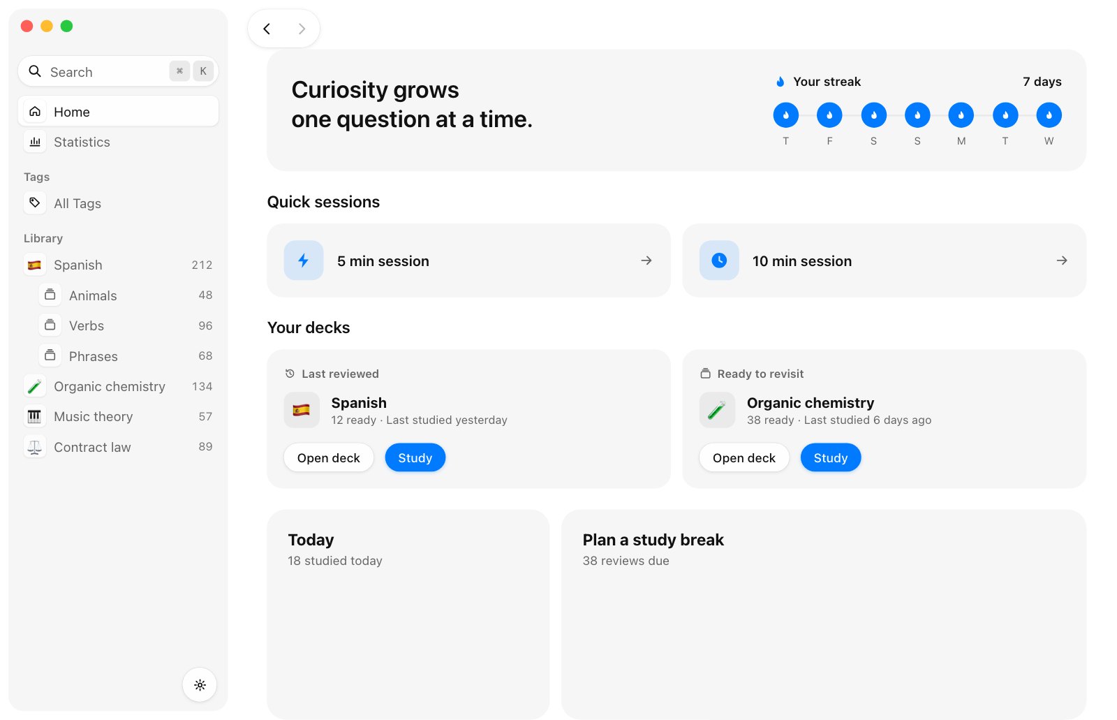 Cani Home with a seven-day streak, quick sessions and decks ready to study