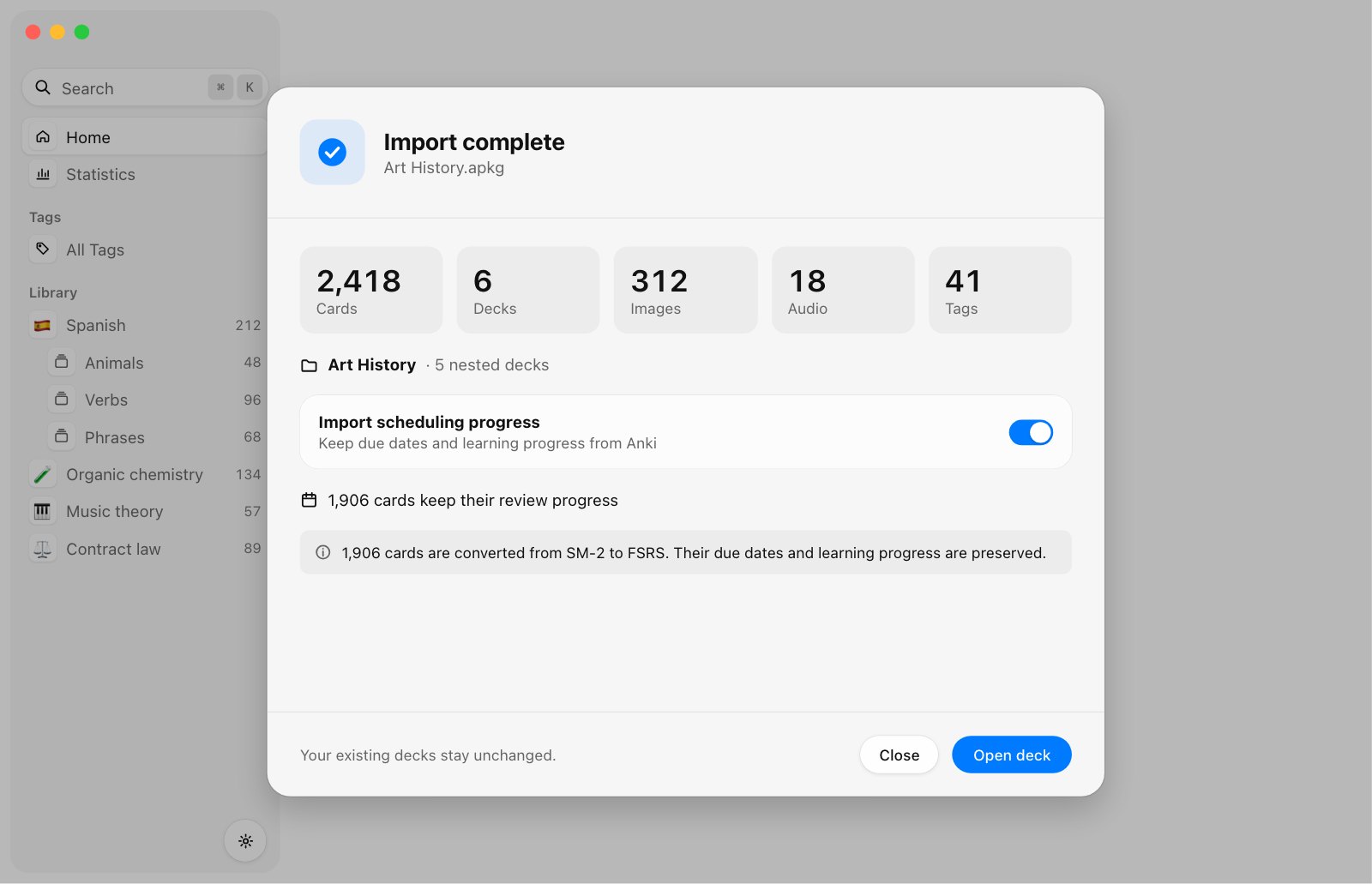The Anki import sheet in Cani