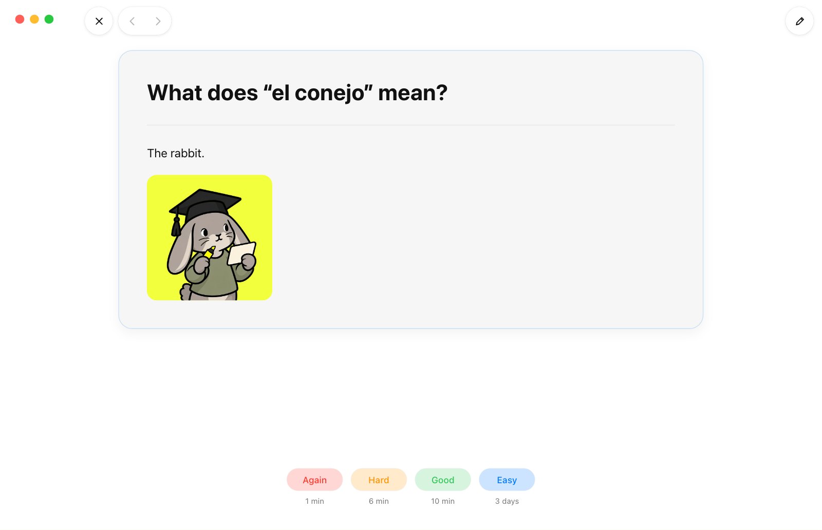 A Cani review showing the answer and the Again, Hard, Good and Easy buttons